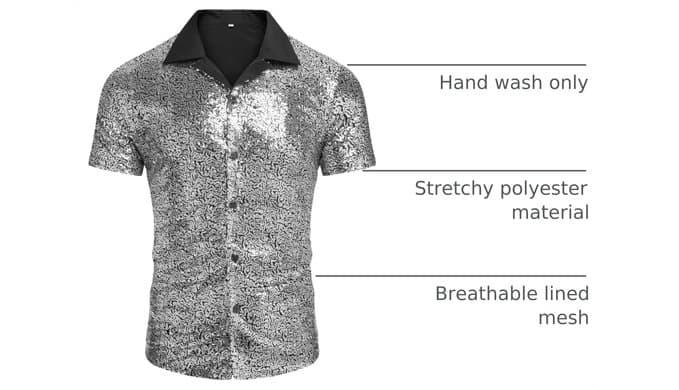 AstoSeu Men's Sequin Dress Shirt 70s Disco Costume Sparkle Party Short Sleeve Button Down Shirts thumbnail 4