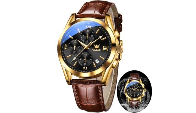 OLEVS Watch Men Leather Chronograph Waterproof Luxury Dress Analog Quartz