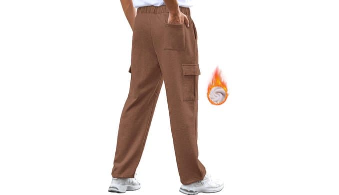 Men's Fleece Cargo Sweatpants Loose Fit Cotton Joggers with 5 Pockets Open Bottom for Gym Hiking Casual Wear thumbnail 2