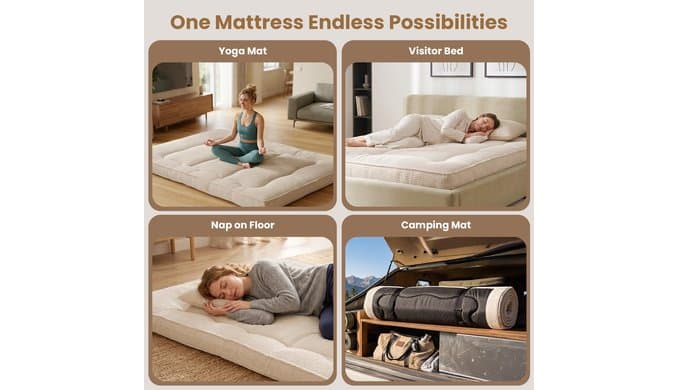 Japanese Floor Futon Mattress,4 Inch Memory Foam Mattress Topper Full,2 Inch Firm Cooling Gel Memory Foam and 2 Inch Soft Down Alternative for Back Pain Relief,Medium Support,Beige thumbnail 4