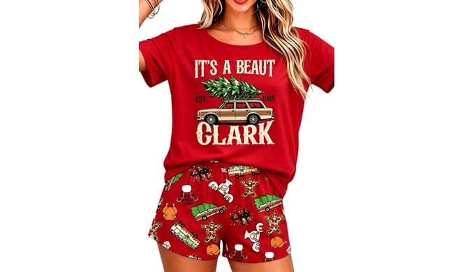 Women's Christmas Print Short Sleeve Pajama Set, 2‑Piece Soft Crew Neck Tee & Shorts Holiday Loungewear Sleepwear thumbnail 1
