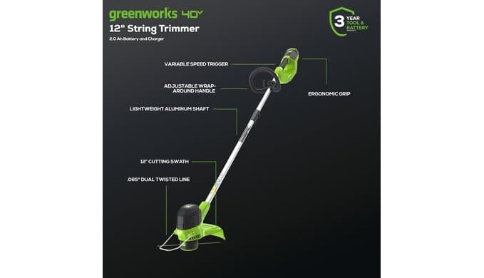 Greenworks 40V 12 in String Trimmer & 390 CFM Blower Combo, 2.0 Ah Battery thumbnail 2
