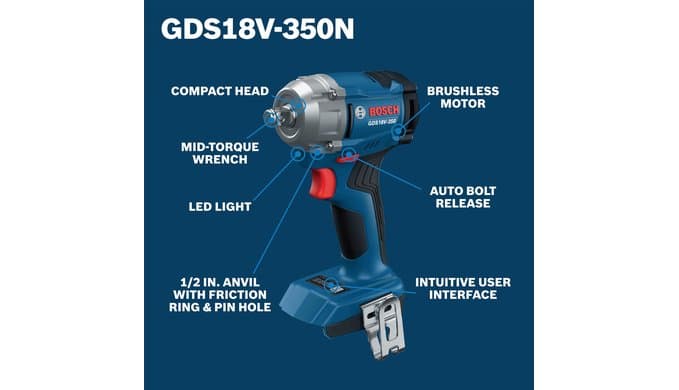 BOSCH GDS18V-350N 18V Brushless ½ In. Mid Torque Impact Wrench - 410 Ft.-Lbs Breakaway Torque, 250 Ft.-Lbs Fastening Torque, Compact Design (Bare Tool) thumbnail 2