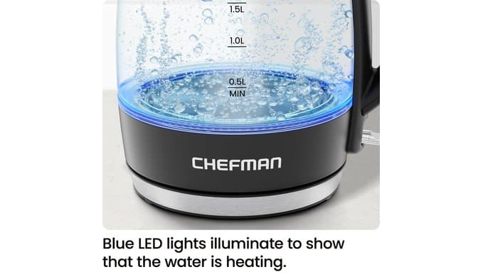 Chefman Electric Kettle, 1.8L 1500W, Hot Water Boiler, Removable Lid for Easy Cleaning, Auto Shut Off, Boil-Dry Protection, Stainless Steel Filter, BPA Free, Borosilicate Glass Electric Tea Kettle thumbnail 5