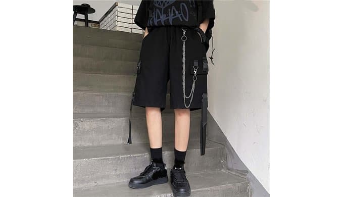 Black Cargo Pants for Women Street Harajuku Loose Straight Shorts Black Pants with Chains thumbnail 2