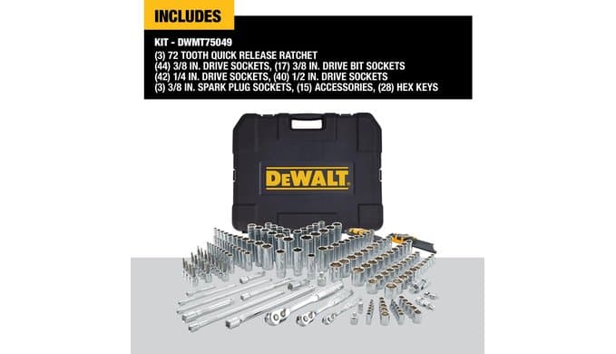 DEWALT 192 Pcs. Mechanics Tool Set, 1/2, 1/4, 3/8 Socket Set, SAE and Metric Socket Wrench Set, Hard Shell Tool Box (DWMT75049) thumbnail 2