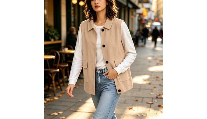 Corduroy Vest Women Sleeveless Turn Down Collar Button Up Waistcoat thumbnail 4