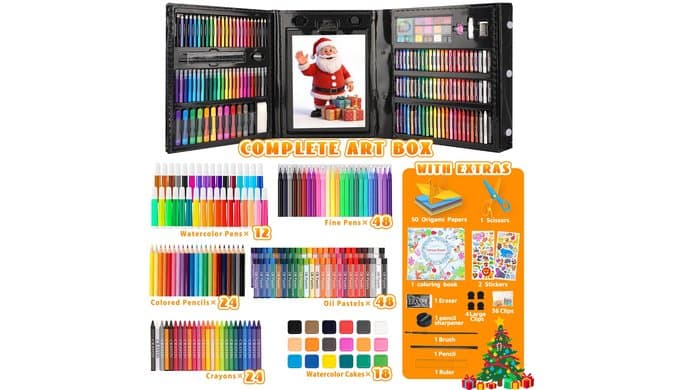 Art Supplies,297 Pack Art Set Drawing Kit for Girls Boys Artist, Deluxe Gift Art Box with Trifold Easel,Includes Oil Pastels, Colored Pencils, Coloring Book, Scissors, Apron,Origami Paper 40 Sheets thumbnail 2