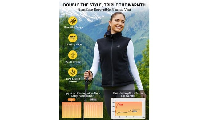 Reversible Heated Vest for Women with 12V Battery, Electric Rechargeable Fleece Heating Jacket for Outdoor Camping,Car thumbnail 3