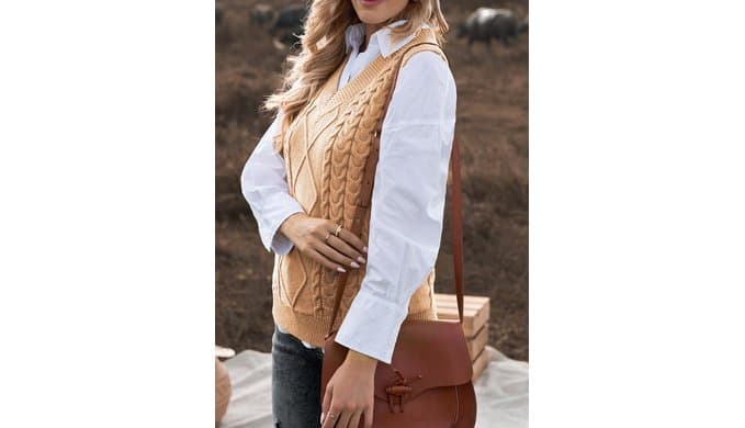 EVALESS Oversized Sweater Vest for Women V Neck Sleeveless Cable Knit Tops thumbnail 4