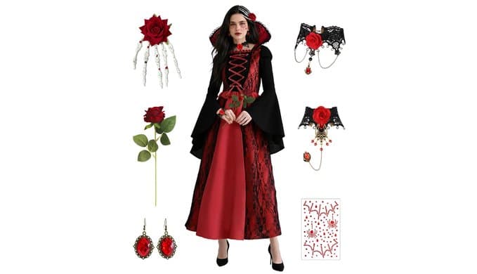 Vampire Costume Female - Halloween Costumes for Women Cosplay Gothic Vampire Teeth & Medieval Dress Costume thumbnail 1