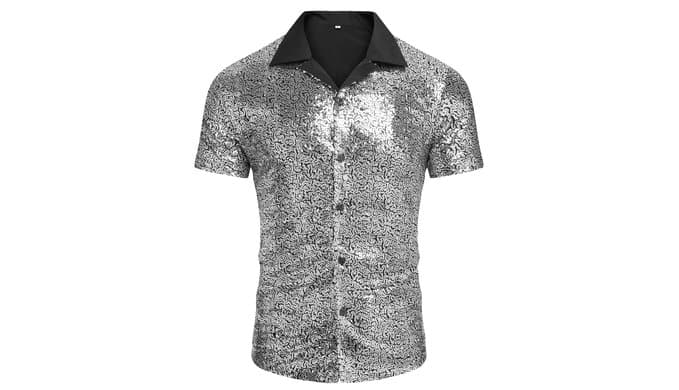 AstoSeu Men's Sequin Dress Shirt 70s Disco Costume Sparkle Party Short Sleeve Button Down Shirts