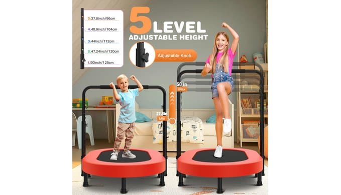 ANCHEER Trampoline for Kids, Toddler Trampoline Indoor Sports and Outdoor Games 56" Kids Rebounder 220LBS Capacity with Adjustable Safety Handrail Foldable Jumper for Boys and Girls thumbnail 2
