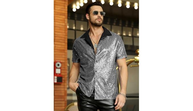 AstoSeu Men's Sequin Dress Shirt 70s Disco Costume Sparkle Party Short Sleeve Button Down Shirts thumbnail 2