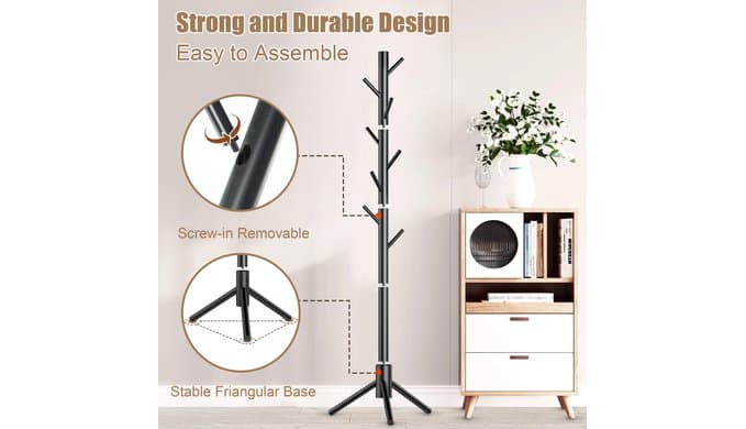 Wooden Coat Rack Stand, Freestanding Coat Rack with 8 Hooks, 3 Adjustable Size Coat Tree for Hats, Coats, Scarves bags, Coat Hanger Stand Used in Bedroom/Office/Entryway,2 PCS (Black) thumbnail 5