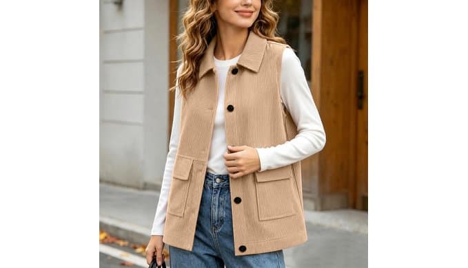 Corduroy Vest Women Sleeveless Turn Down Collar Button Up Waistcoat thumbnail 3