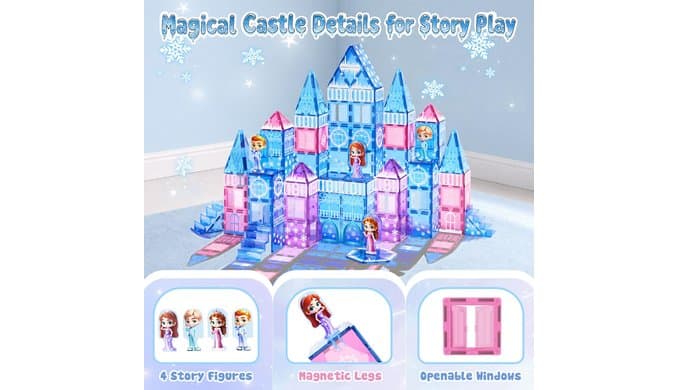 GobiDex 100PCS Magnetic Tiles Princess Castle Set with 4 Dolls & Stairs thumbnail 4