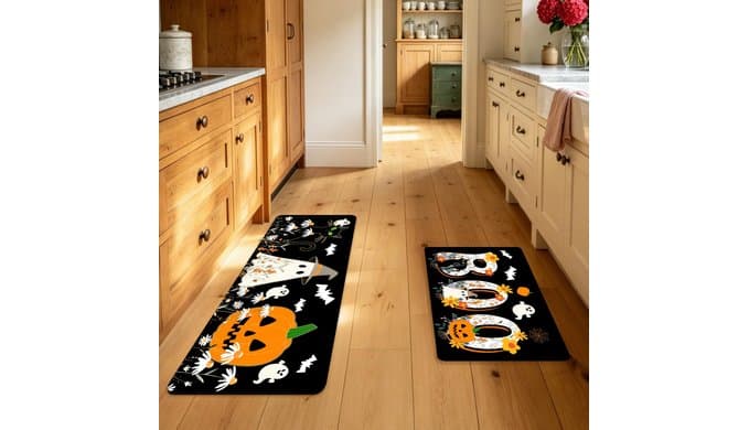 Halloween Kitchen Mats Set of 2 Boo Ghost Black Cat Kitchen Rugs thumbnail 5