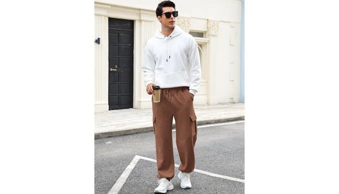 Men's Fleece Cargo Sweatpants Loose Fit Cotton Joggers with 5 Pockets Open Bottom for Gym Hiking Casual Wear thumbnail 3