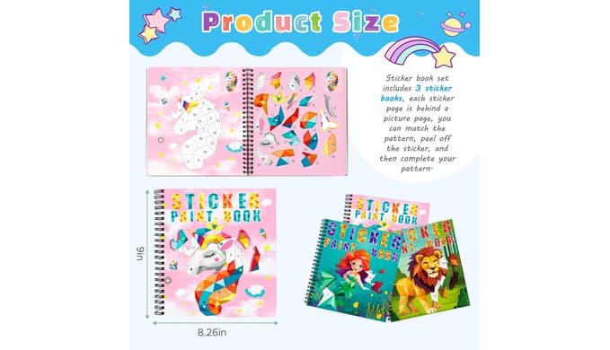 3Pcs Paint by Sticker Books for Kids 4-8, Sticker by Number Gifts thumbnail 3