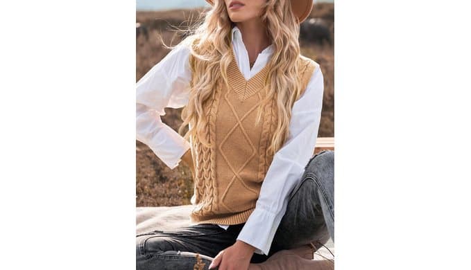 EVALESS Oversized Sweater Vest for Women V Neck Sleeveless Cable Knit Tops thumbnail 3