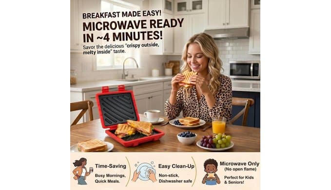 Microwave Sandwich Maker with Non-Stick Plates and Adjustable Strap, Red thumbnail 4