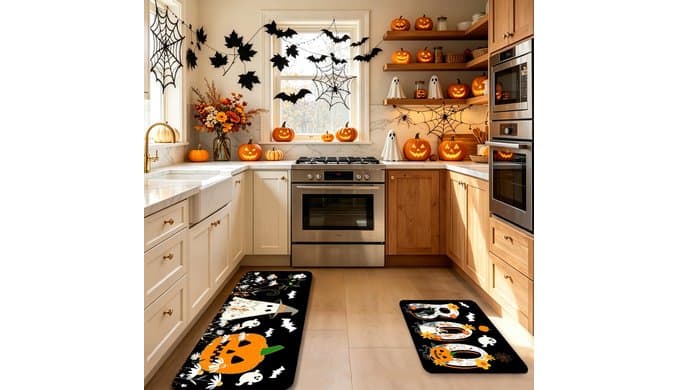 Halloween Kitchen Mats Set of 2 Boo Ghost Black Cat Kitchen Rugs thumbnail 3