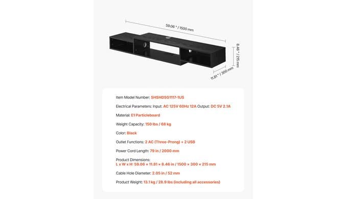 VEVOR 59" Floating TV Stand with Power & USB Outlet, Wall Mounted TV Console Entertainment Center Modern Floating Under TV Shelf with Storage for Audio Video, Cable Box, Game Console, Black thumbnail 3