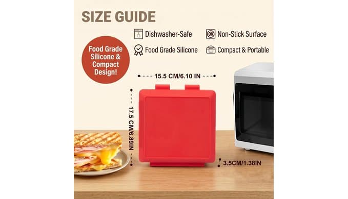 Microwave Sandwich Maker with Non-Stick Plates and Adjustable Strap, Red thumbnail 3