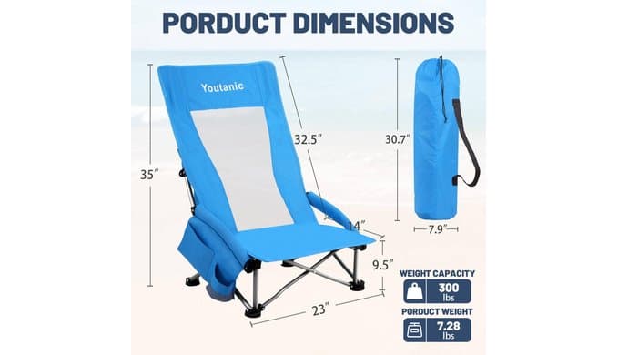 High Back Beach Camping Chair 2 Pack, Extra Wide Folding Outdoor Chair with Cooler Bag, Breathable Mesh & Dual-Use Pillow, Portable Lounge Seat for Adults, Sand, Sports, Picnic, Blue thumbnail 3