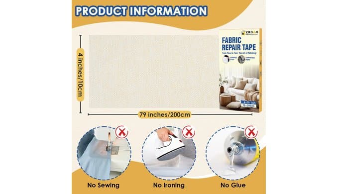 Self Adhesive Linen Fabric Repair Tape Kit, 4"x79" Upholstery Tape thumbnail 2