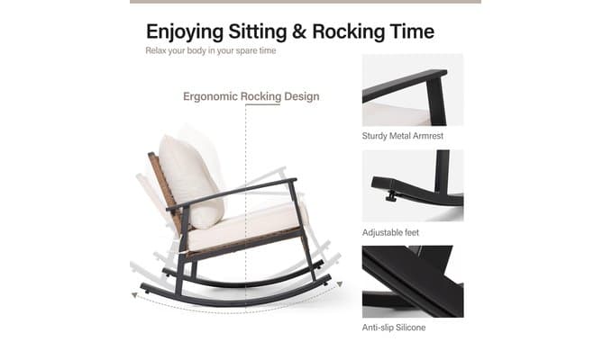 Wicker Rocking Chair Set of 2, Oversized Patio Chair Comfy Rocker Chair with Thick Cushion, Modern Cozy Lounge Chair for Living Room,Bedroom(Beige) thumbnail 4