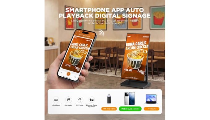 43 Inch Digital Signage Display, Screen LCD Advertising Kiosk, Portable Floor Standing Auto Ad Player Android OS App-Based Control with USB/HDMI/WiFi thumbnail 3