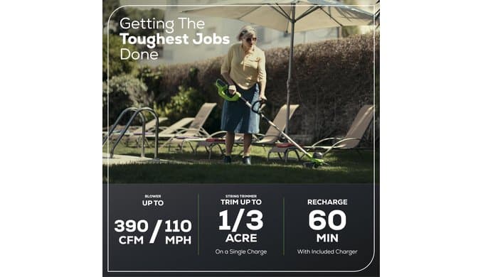 Greenworks 40V 12 in String Trimmer & 390 CFM Blower Combo, 2.0 Ah Battery thumbnail 4