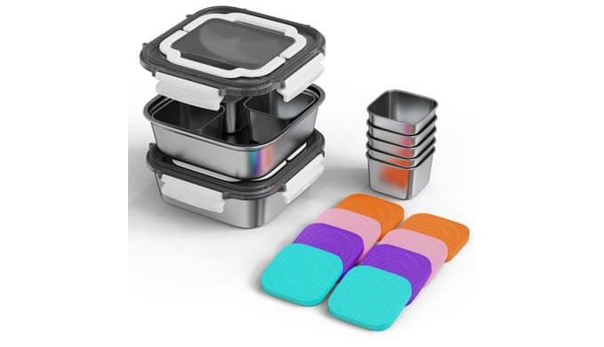 Set of 2 Stainless Steel Conntainers with Lids 5 Pack,Large Stainless Steel Container(1.5qt) and Set of 4 Snack Containers,Convenient to Carry,Suitable for Picnics and Travel