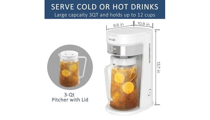 wirsh Iced Tea Maker with 3QT Pitcher, Iced Coffee Maker with Strength Control and Reusable Filter, Perfect For Iced Coffee, Latte, Tea, Lemonade, Flavored Water,White thumbnail 3