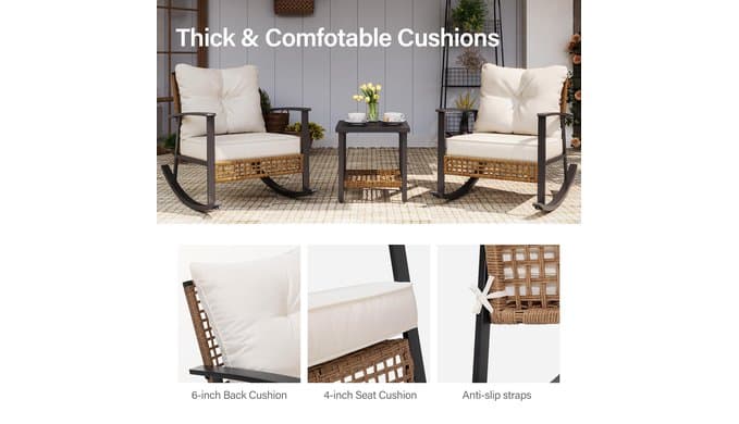 Wicker Rocking Chair Set of 2, Oversized Patio Chair Comfy Rocker Chair with Thick Cushion, Modern Cozy Lounge Chair for Living Room,Bedroom(Beige) thumbnail 5