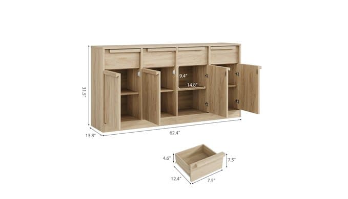 GarveeHome Sideboard Buffet Cabinet with 4 Drawers, 62.4 in Large Coffee Cabinet with Storage, Modern Storage Buffet Table for Kitchen Dining Room, Living Room (Pear Wood, 4 Doors & 4 Drawers) thumbnail 3