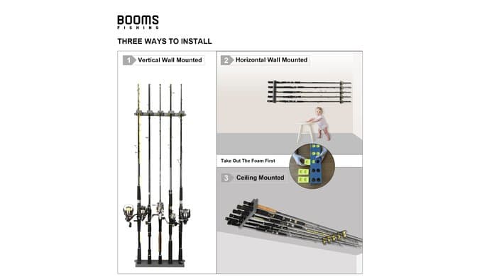 Booms Fishing Rod Holder for Garage: Wall Mount Fishing Pole Holders for Garage | Fishing Rod Rack Holds Up to 10 Rods, Vertical/Horizontal/Ceiling Fishing Pole Racks, WV4 Gray + Yellow thumbnail 4