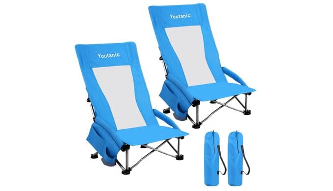 High Back Beach Camping Chair 2 Pack, Extra Wide Folding Outdoor Chair with Cooler Bag, Breathable Mesh & Dual-Use Pillow, Portable Lounge Seat for Adults, Sand, Sports, Picnic, Blue thumbnail 1
