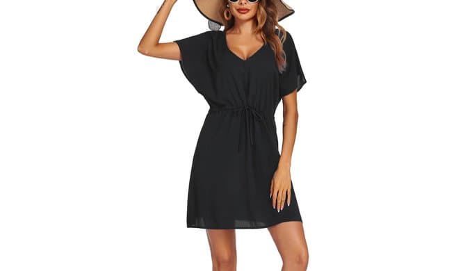 Ekouaer Womens Swimsuit Coverup Short Sleeve Beach Cover Up Dress V Neck Bikini Beachwear thumbnail 1