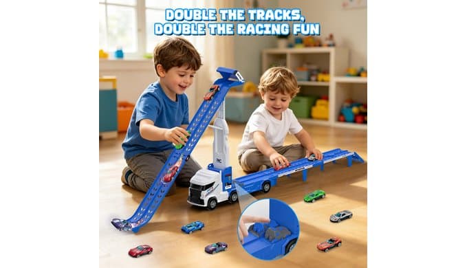 Race Track Truck Toy with 6 Die-Cast Cars for Toddler Boys Ages 3-5 thumbnail 5