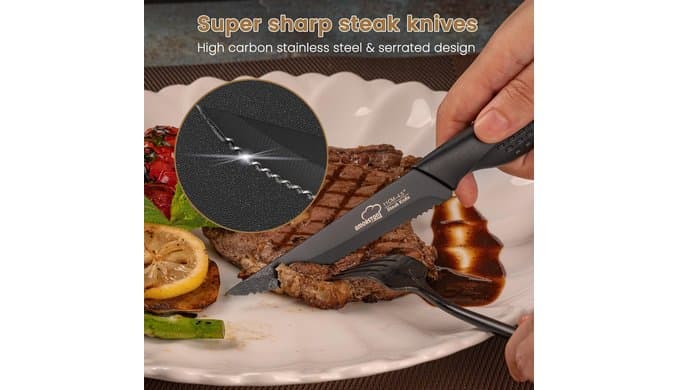 Steak Knives, Steak Knives Set of 8, Stainless Steel Steak Knife Set, Serrated Knives Dishwasher Safe, Elegant Black Mothers Day Gifts for Women thumbnail 3