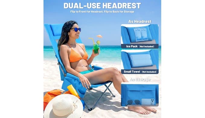 High Back Beach Camping Chair 2 Pack, Extra Wide Folding Outdoor Chair with Cooler Bag, Breathable Mesh & Dual-Use Pillow, Portable Lounge Seat for Adults, Sand, Sports, Picnic, Blue thumbnail 5