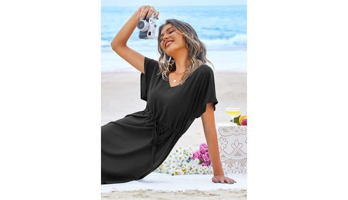 Ekouaer Womens Swimsuit Coverup Short Sleeve Beach Cover Up Dress V Neck Bikini Beachwear thumbnail 3