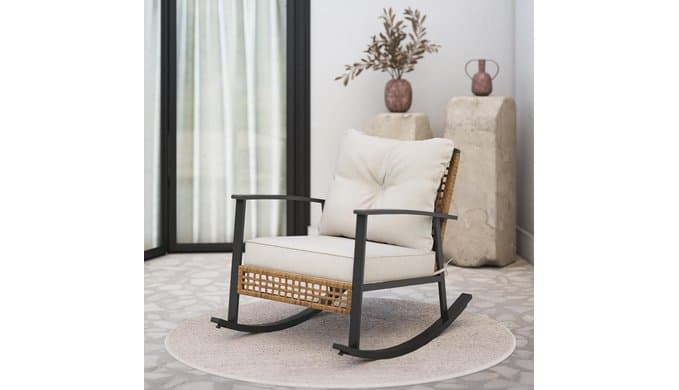 Wicker Rocking Chair Set of 2, Oversized Patio Chair Comfy Rocker Chair with Thick Cushion, Modern Cozy Lounge Chair for Living Room,Bedroom(Beige) thumbnail 2