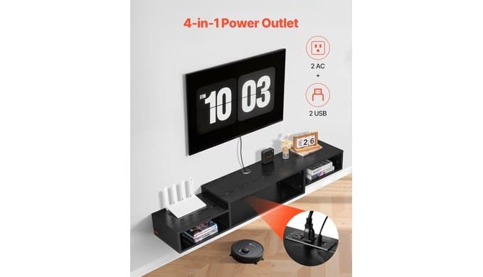 VEVOR 59" Floating TV Stand with Power & USB Outlet, Wall Mounted TV Console Entertainment Center Modern Floating Under TV Shelf with Storage for Audio Video, Cable Box, Game Console, Black thumbnail 5