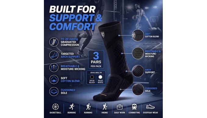 Mens Compression Socks Size 9-12, Thick Cushioned Cotton for Basketball thumbnail 2