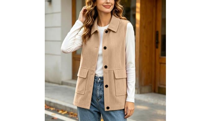 Corduroy Vest Women Sleeveless Turn Down Collar Button Up Waistcoat thumbnail 2