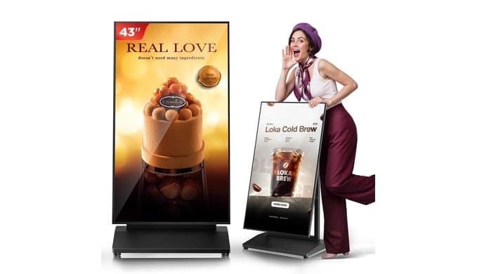 43 Inch Digital Signage Display, Screen LCD Advertising Kiosk, Portable Floor Standing Auto Ad Player Android OS App-Based Control with USB/HDMI/WiFi